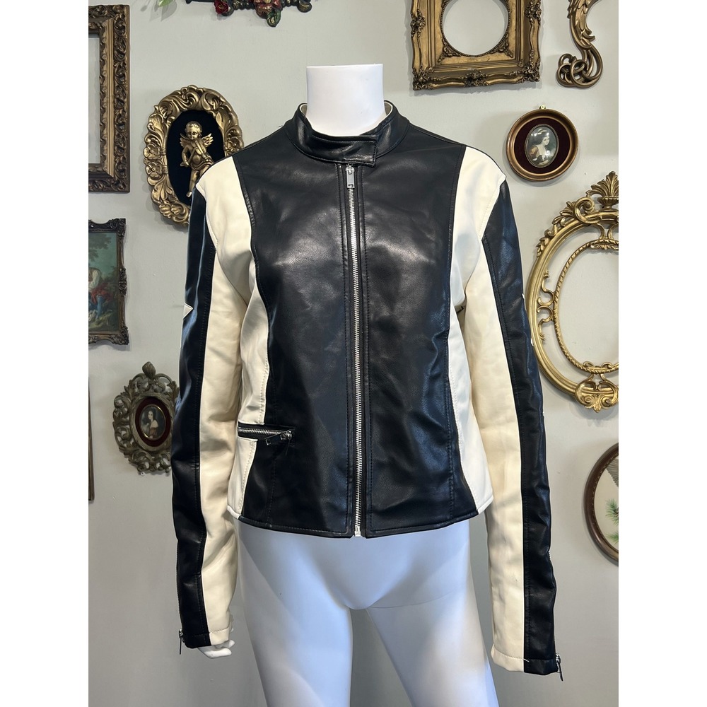 Stoosh Two Tone Black Cream Faux Leather Star Racing Jacket Size Large